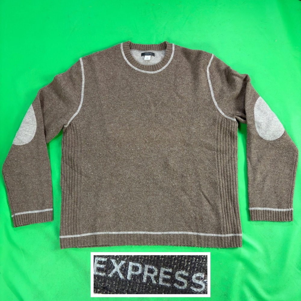 Express 100% Lambs Wool Sweater Mens XL Brown Elbow Patch Crew Neck Pullover EUC